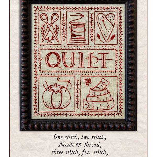 Quilt Sampler embroidery pattern scissors, thread, heart, measuring tape