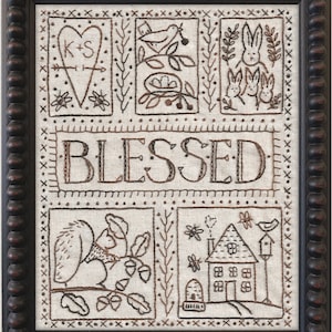 Blessed Sampler hand embroidery pattern birds, bees, nests, cherries, house