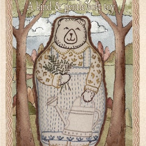 Embroidery pattern soft for for a bear with watering can and flowers