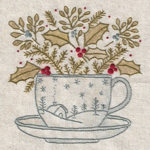 68 Winter's Brew snowy cup of winter holly, fir boughs, and snowflakes hand embroidery