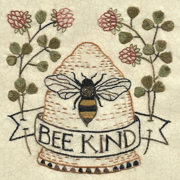 51 Bee Kind hand embroidery pattern hive with clover