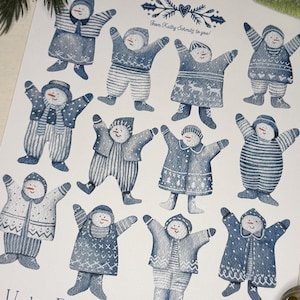 May include: A sheet of paper with illustrations of blue and white paper doll snowmen. Each snowman is dressed in a different outfit and has their arms raised. Text includes "Winter Friends Paper Doll Snowman Garland" and "From Kathy Schmitz to you!"