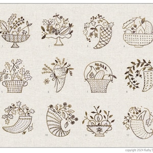 Puede incluir: Doce diseños de bordado hechos a mano que presentan diferentes arreglos de frutas, hojas y cestas. Los diseños están en tonos marrones y están numerados del 1 al 12.