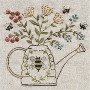 61 In My Garden hand embroidery PDF pattern watering can with flowers for spring and summer with bees