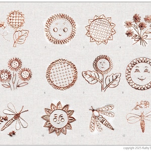 May include: A series of brown embroidered designs on a light background. The designs feature sunflowers, smiling suns, flower bouquets, bees, and dragonflies. The designs are numbered 1 to 12.