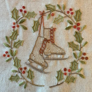 79 All Laced Up! Ice skates and holly hand embroidery PDF pattern