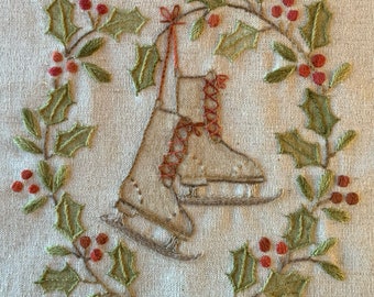 79 All Laced Up! Ice skates and holly hand embroidery PDF pattern