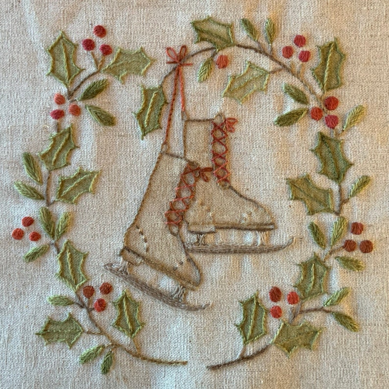 79 All Laced Up Ice skates and holly hand embroidery PDF pattern image 1