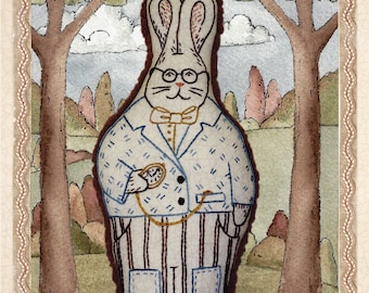 Handstickmuster Hase mit Brille bekleidet Stofftier