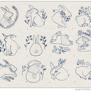 Könnte beinhalten: Zwölf Schwarzweißillustrationen von Hasen mit floralen Akzenten. Jeder Hase ist in einer anderen Pose, einige mit Blumen in ihren Pfoten oder Ohren. Die Illustrationen sind auf weißem Hintergrund.