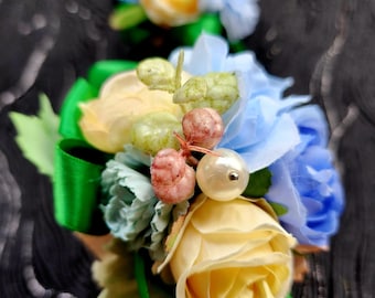 Artificial Flower Corsage Boutonniere Set, Yellow Blue Roses, Wedding Party Wristband(304)