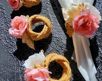 Wedding napkin ring set with artificial flower, wedding gift, garden party table decaration (r204)