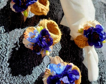 Wedding napkin ring set with artificial flowers, wedding gift, garden party table decaration (r205)