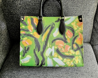 Leather Shopping Bag with original painting design/painting/art/mother's gift