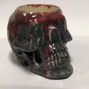 Grey Skull Planter with Red Drips