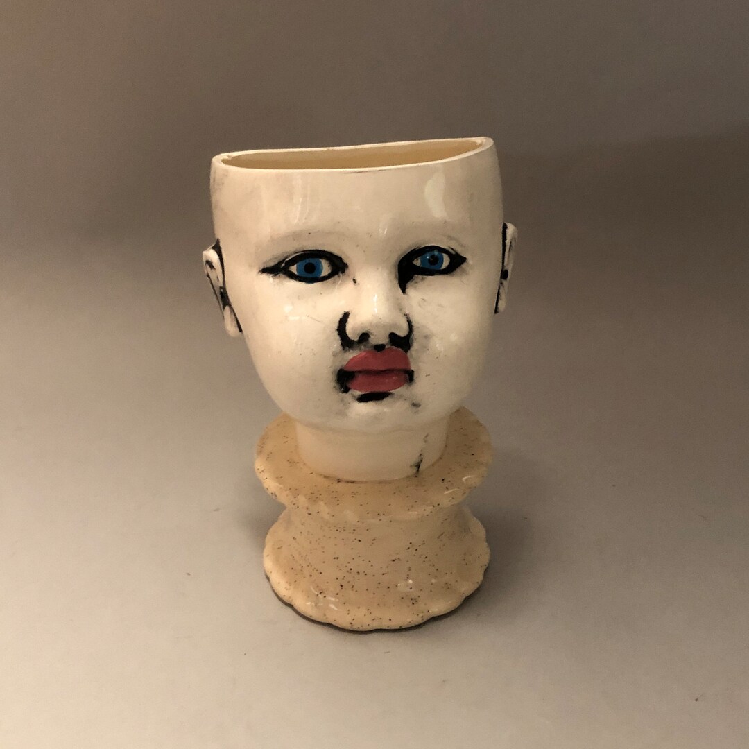White Ceramic Doll Head Planter With Beige Base Etsy