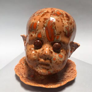 Brown Speckled Ceramic Doll Head  Planter