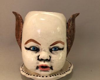 White Ceramic Rabbit Eared Doll Planter and Yarn Bowl