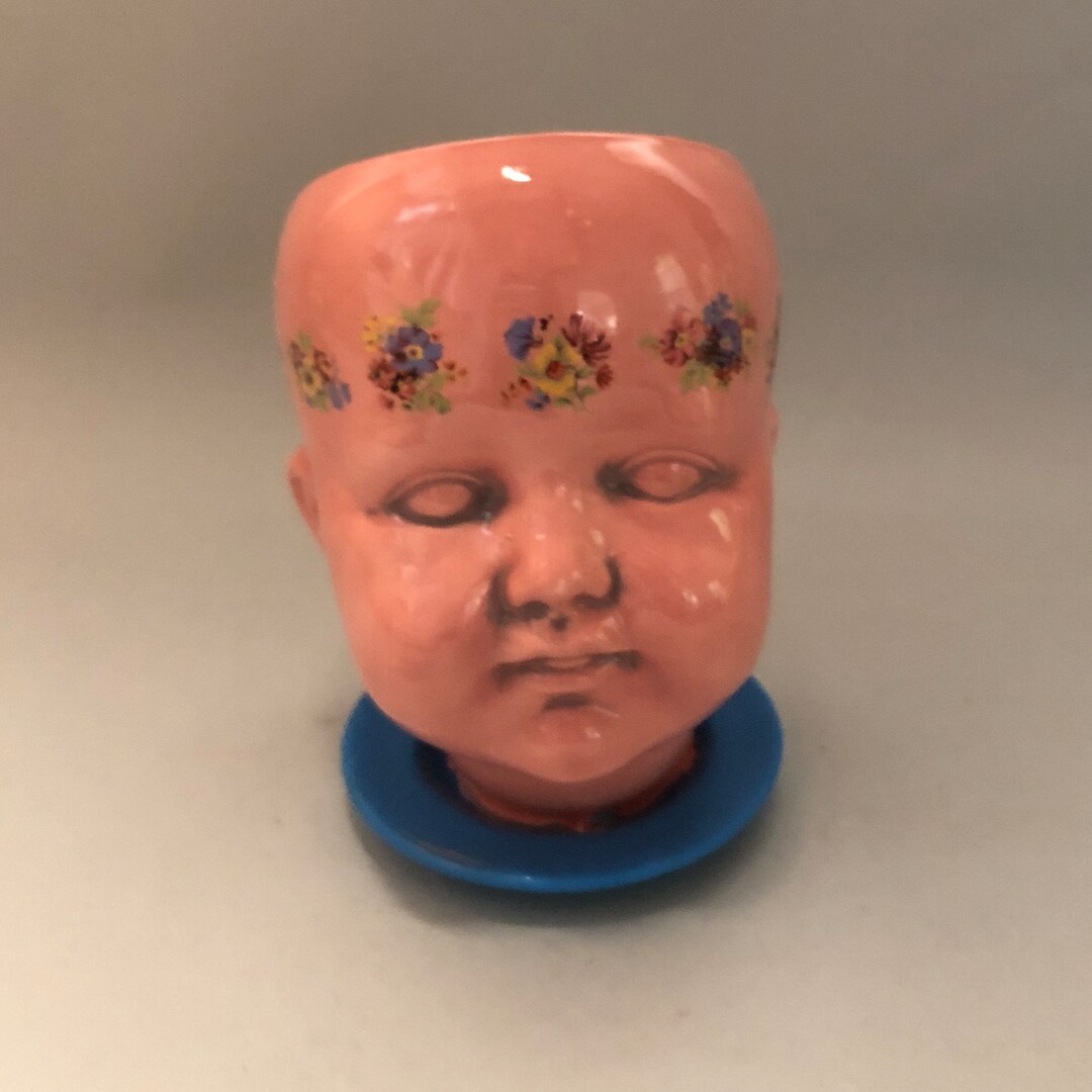 Pink Ceramic Doll Head Planter With Flowers Etsy