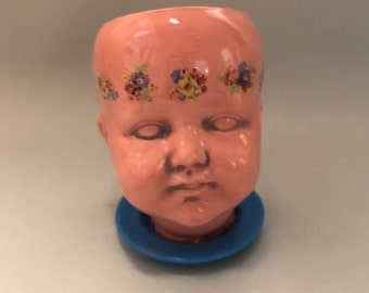 Pink Ceramic Doll Head Planter with Flowers