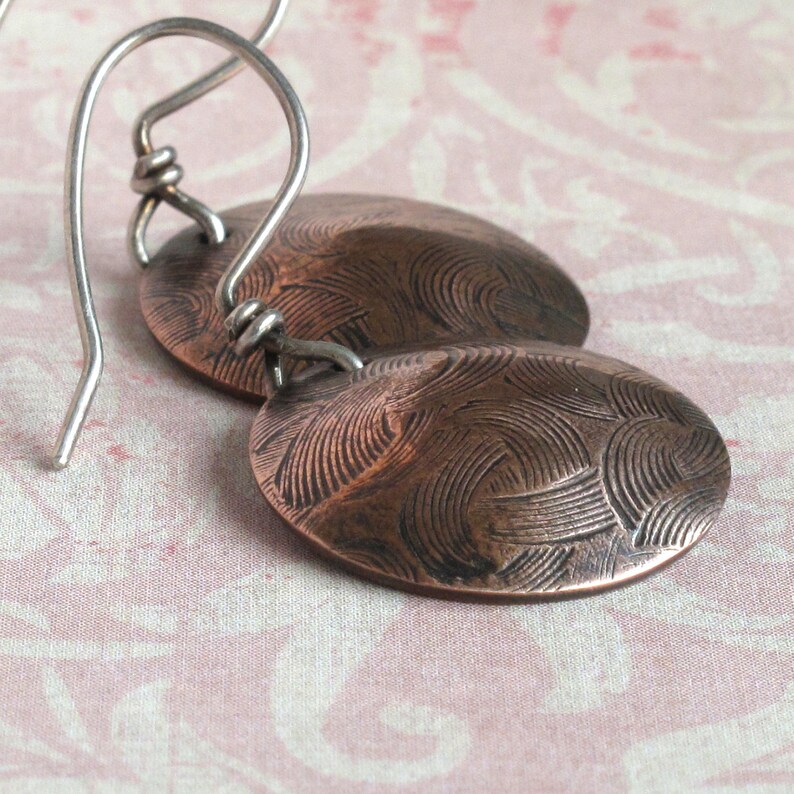 Embossed Copper Earrings Small Circlets With Patina Finish Etsy