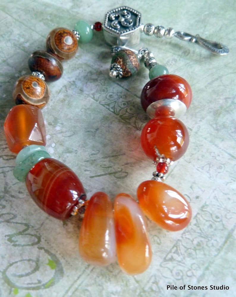 Ethnic Stone Bracelet Organic Tribal Earthy Color Sterling Silver Global Beads Orange Brown Green World Citizen *Faizah