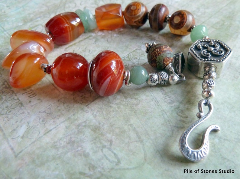 Ethnic Stone Bracelet Organic Tribal Earthy Color Sterling Silver Global Beads Orange Brown Green World Citizen *Faizah
