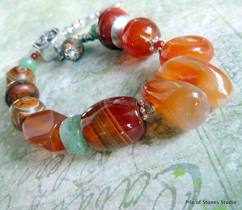 Ethnic Stone Bracelet Organic Tribal Earthy Color Sterling Silver Global Beads Orange Brown Green World Citizen *Faizah