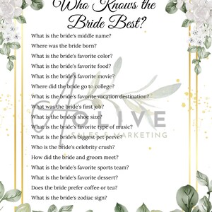 Who Knows the Bride Best Game | Bridal Shower & Bachelorette Party Game | Instant Download | Printable PDF