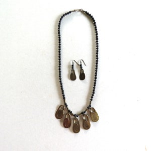 Vintage Artisan Brutalist Brass Black Beaded Necklace and Earrings Set Circa 1960s-70s