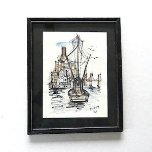 May include: Framed pen and ink drawing of a boat on water with a city skyline and bridge in the background. The artwork is in a black frame and features a detailed depiction of buildings, a boat, and a bridge.