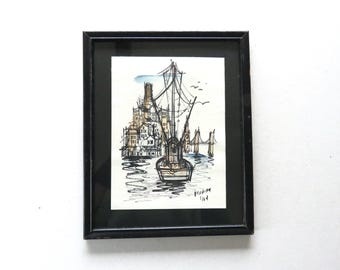 May include: Framed pen and ink drawing of a boat on water with a city skyline and bridge in the background. The artwork is in a black frame and features a detailed depiction of buildings, a boat, and a bridge.