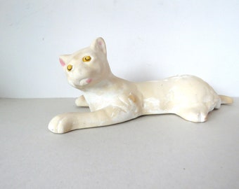 Antique Vintage Ceramic Cat Sculpture Laying Down White Yellow Eyed 12 1/2” Long