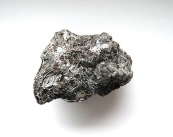 May include: A dark gray, irregularly shaped rock with a layered, flaky texture. The rock has a slightly reflective, metallic sheen, and appears to be a mineral specimen. The background is plain white.