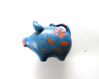 Vintage 1960 Pottery Small Blue Piggy Bank Pink Orange Flower Power