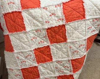 Handmade Baby Rag Quilt Bunny Print White and Dark Pink Baby Girl Blanket Patchwork Rag Quilt Cotton & Flannel Nursery or Baby Shower Gift