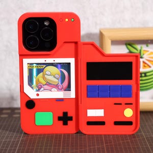 Funda de teléfono personalizada con diseño de enciclopedia de jugadores para iPhone impresa en 3D. Incluye 3 cartas coleccionables aleatorias. Regalo para fanáticos de los juegos. Funda de consola portátil