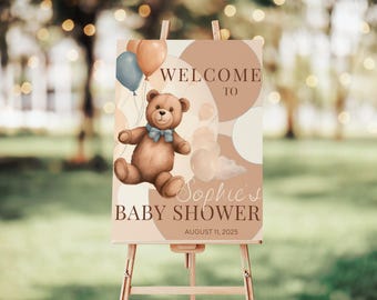 Plaque de bienvenue pour baby shower ours en peluche, décoration bohème neutre (modèle modifiable)