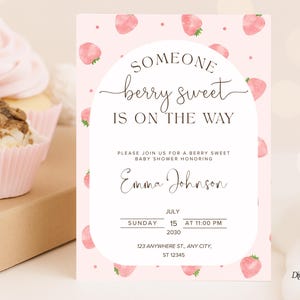 Strawberry Baby Shower Invitation, Berry Sweet Invitation, Berry Sweet Baby On The Way, Blush Berry, Editable Invitation, Digital Download