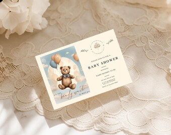 Invitación para baby shower con osito de peluche, plantilla editable (plantilla digital)