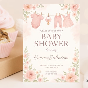 Boho Girl Clothesline, Baby Shower Invitation, Sweet Baby Girl Invitation Template, Editable Baby Shower, Watercolor Blush, Baby Clothes