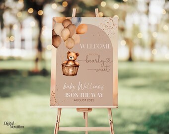Teddybär-Babyparty-Willkommensschild, bearbeitbare Vorlage (druckbar)