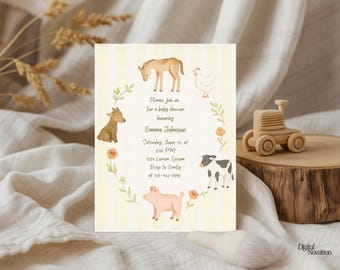 Watercolor Farm Animals Baby Shower Invitation Template (Digital Download)