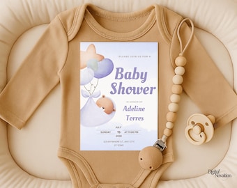 Blue Balloon Bear Baby Shower Invitation Template (Digital Download)