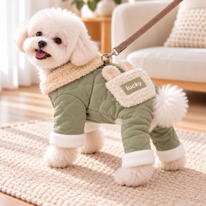 Peut inclure: Un petit chien blanc portant une combinaison matelassée vert sauge avec un col et des poignets en sherpa crème. Le vêtement comporte une petite poche au dos avec deux oreilles de lapin et le mot lucky brodé en blanc sur un écusson rectangulaire.