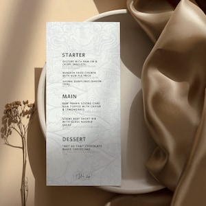 Menüvorlage im thailändischen Stil, Fine Dining Menükarten, Dinner Party druckbare Menüs, Themed Event bearbeitbares Menü, Elegante Food Drink List Designs