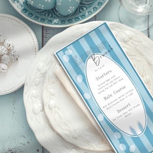 Paasbrunch menusjabloon | Voorkant achterkant bewerkbare lijst | Pastelkleur konijntje en eieren | Afdrukbaar ontwerp voorjaarslunch | Feestelijke menukaart