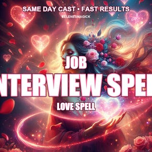 Puede incluir: Ilustración digital de una mujer con cabello floral, rodeada de corazones brillantes y luces arremolinadas. El texto incluye "JOB INTERVIEW SPELL" y "LOVE SPELL". El esquema de color general es rojo y rosa, con un tema místico.