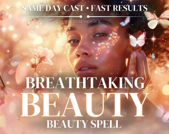 Può includere: Un incantesimo di bellezza con il testo "BREATHTAKING BEAUTY" e "BEAUTY SPELL" in bianco su uno sfondo rosa e oro con il viso di una donna e farfalle.