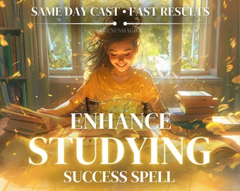 May include: A young person sits at a desk surrounded by books, with a magical glow emanating from their open book. The text reads "Enhance Studying Success Spell".
